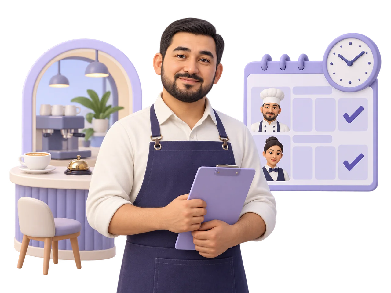 A café manager with a restaurant, employee shift schedule and attendance clock.